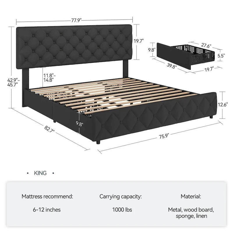 Linen Platform Bed Frame 4 Drawers Diamond Tufted Adjustable Headboard Blue Black Full King