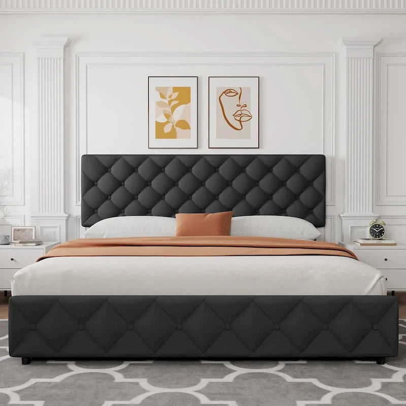 Linen Platform Bed Frame 4 Drawers Diamond Tufted Adjustable Headboard Blue Black Full King