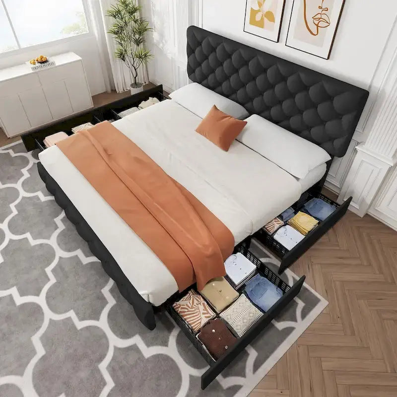 Linen Platform Bed Frame 4 Drawers Diamond Tufted Adjustable Headboard Blue Black Full King