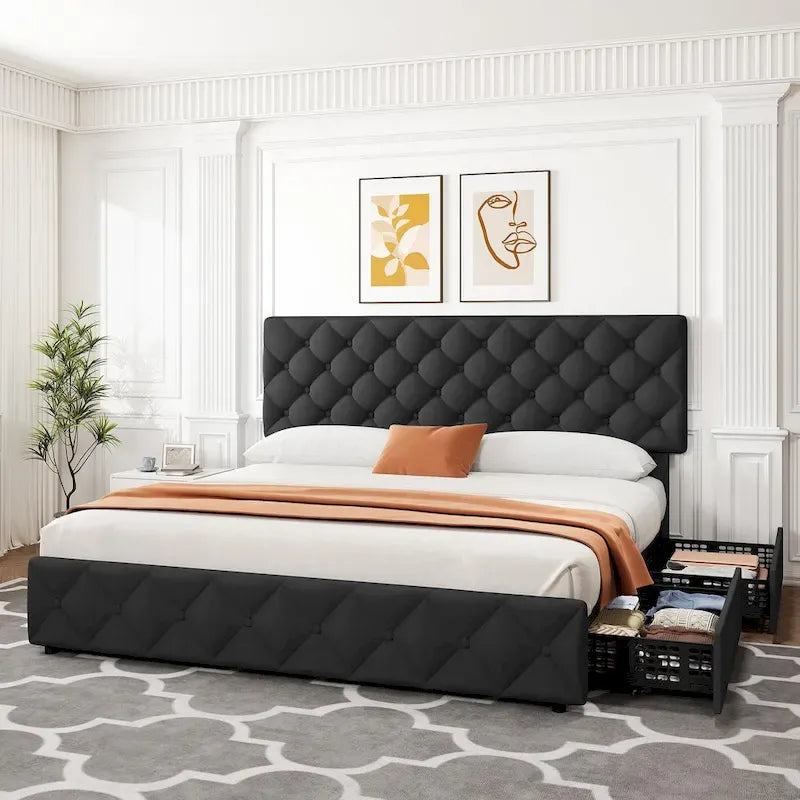 Linen Platform Bed Frame 4 Drawers Diamond Tufted Adjustable Headboard Blue Black Full King