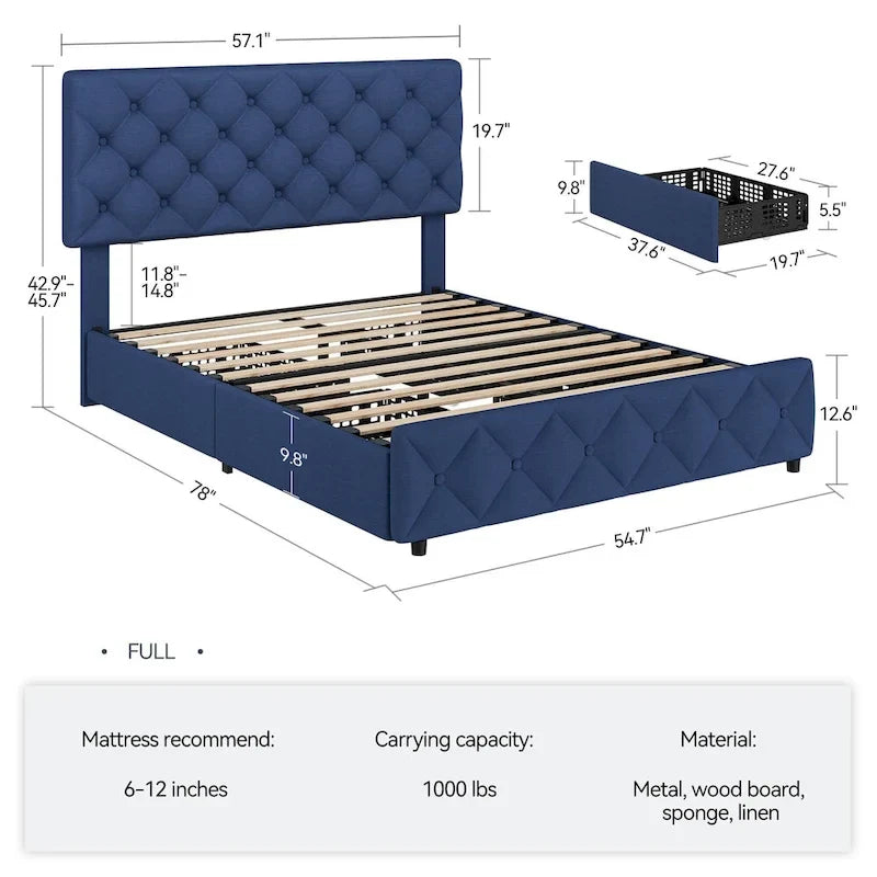 Linen Platform Bed Frame 4 Drawers Diamond Tufted Adjustable Headboard Blue Black Full King