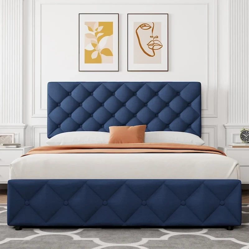 Linen Platform Bed Frame 4 Drawers Diamond Tufted Adjustable Headboard Blue Black Full King