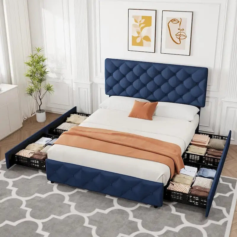 Linen Platform Bed Frame 4 Drawers Diamond Tufted Adjustable Headboard Blue Black Full King