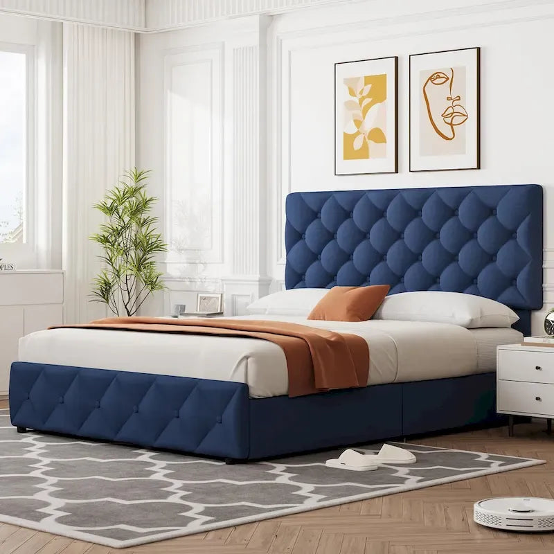 Linen Platform Bed Frame 4 Drawers Diamond Tufted Adjustable Headboard Blue Black Full King