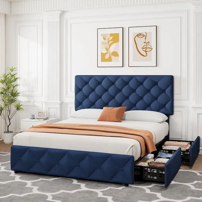 Linen Platform Bed Frame 4 Drawers Diamond Tufted Adjustable Headboard Blue Black Full King