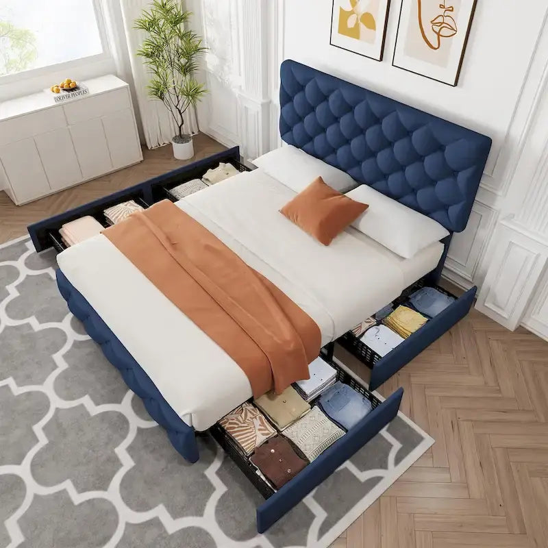 Linen Platform Bed Frame 4 Drawers Diamond Tufted Adjustable Headboard Blue Black Full King