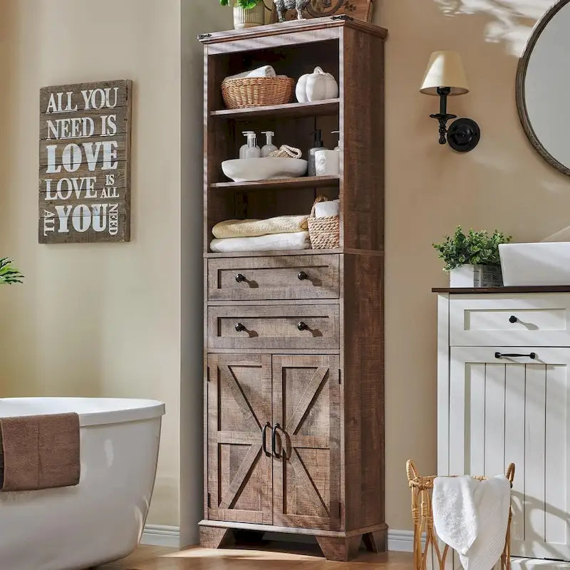 72 Inch Farmhouse Bathroom Storage Cabinet Barn Door 2 Drawers 3 Shelves Rustic Brown White