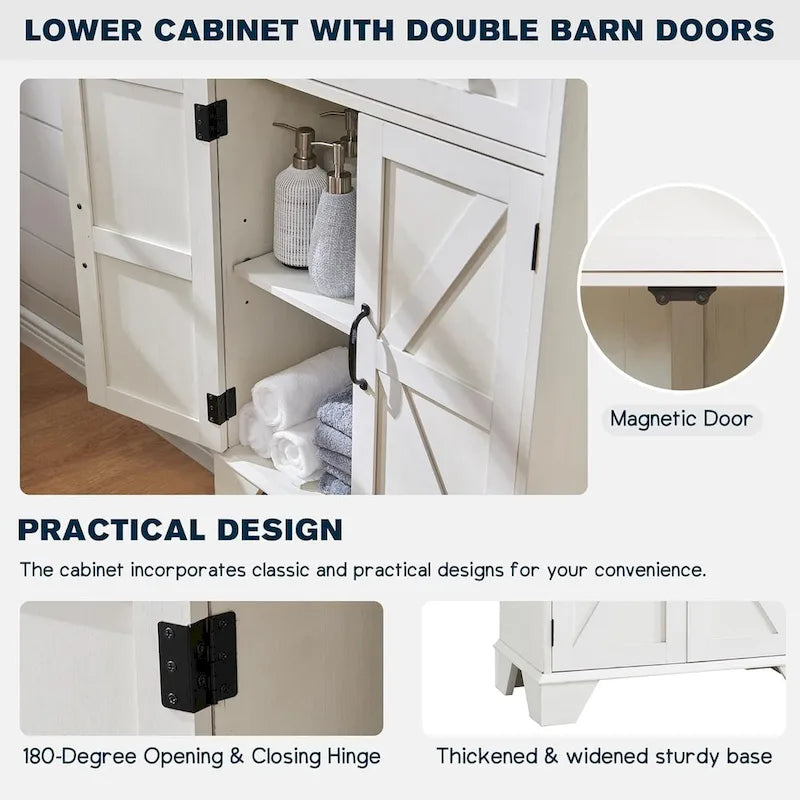 72 Inch Farmhouse Bathroom Storage Cabinet Barn Door 2 Drawers 3 Shelves Rustic Brown White