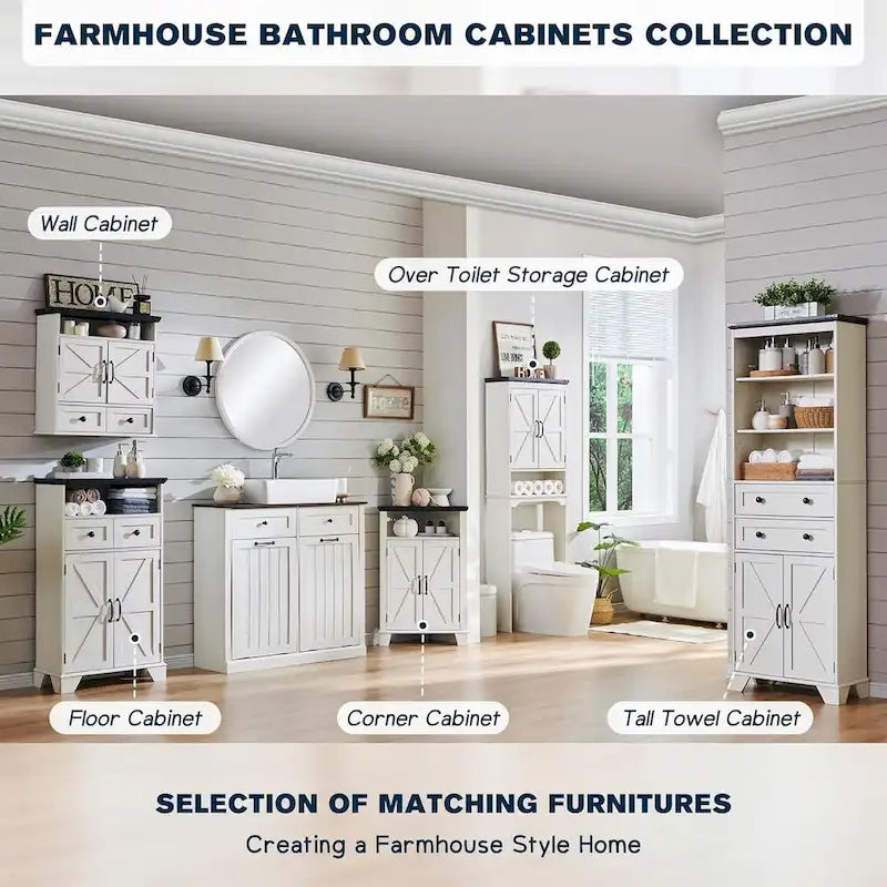 72 Inch Farmhouse Bathroom Storage Cabinet Barn Door 2 Drawers 3 Shelves Rustic Brown White