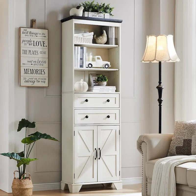 72 Inch Farmhouse Bathroom Storage Cabinet Barn Door 2 Drawers 3 Shelves Rustic Brown White