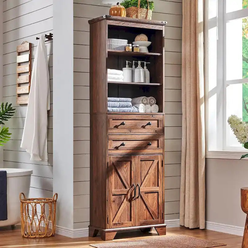 72 Inch Farmhouse Bathroom Storage Cabinet Barn Door 2 Drawers 3 Shelves Rustic Brown White
