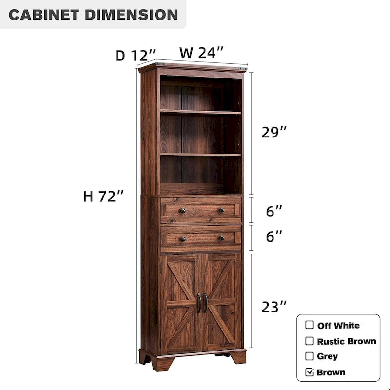 72 Inch Farmhouse Bathroom Storage Cabinet Barn Door 2 Drawers 3 Shelves Rustic Brown White