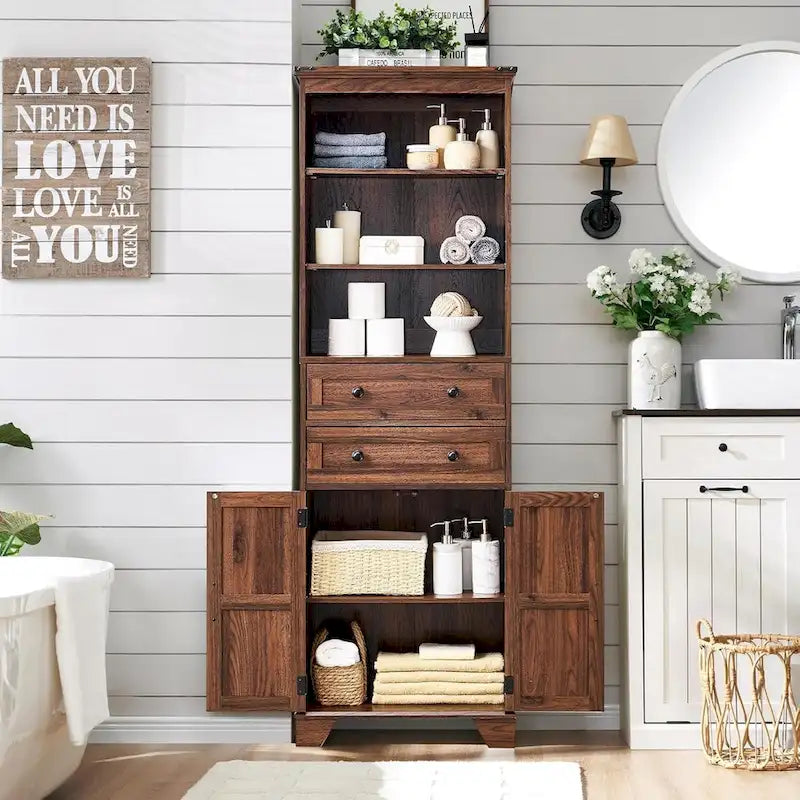 72 Inch Farmhouse Bathroom Storage Cabinet Barn Door 2 Drawers 3 Shelves Rustic Brown White