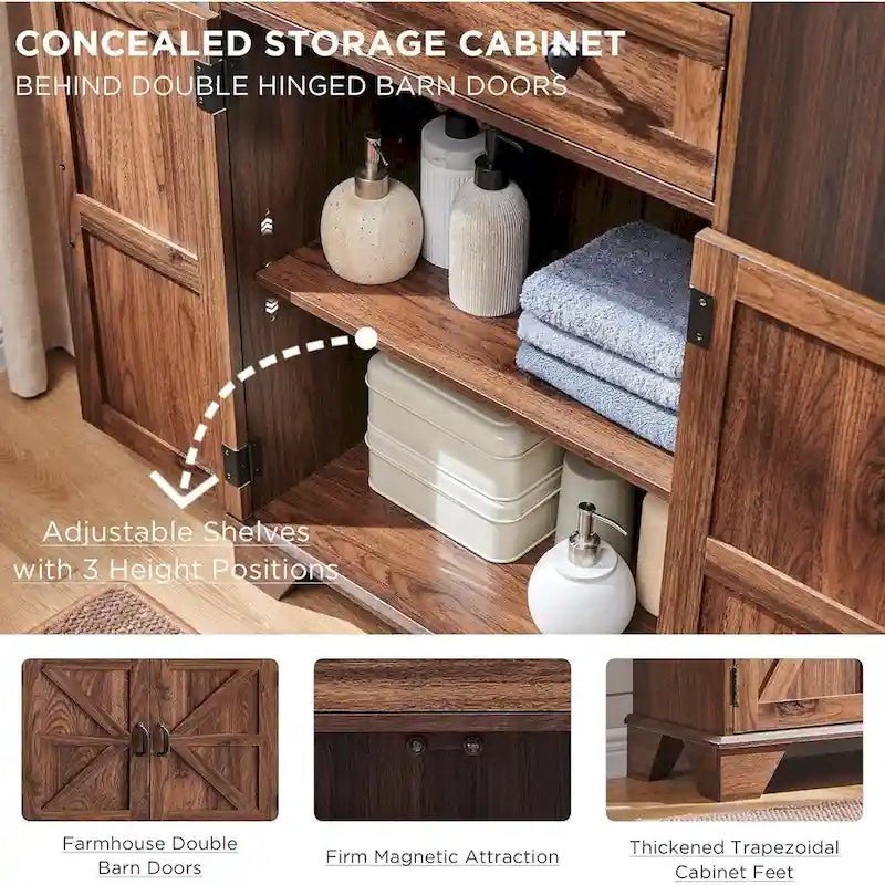 72 Inch Farmhouse Bathroom Storage Cabinet Barn Door 2 Drawers 3 Shelves Rustic Brown White