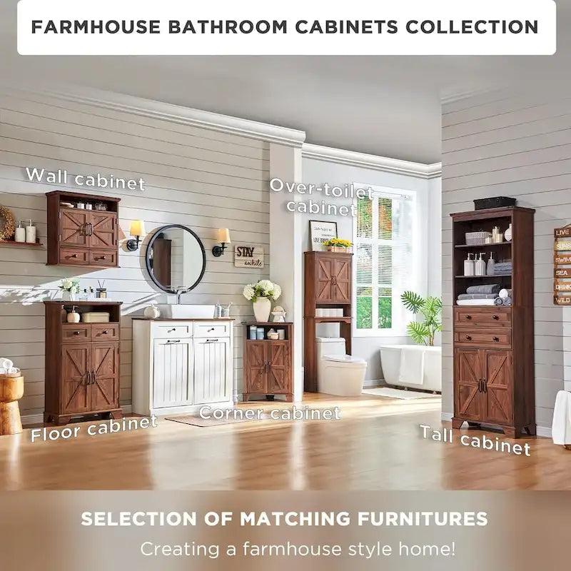 72 Inch Farmhouse Bathroom Storage Cabinet Barn Door 2 Drawers 3 Shelves Rustic Brown White
