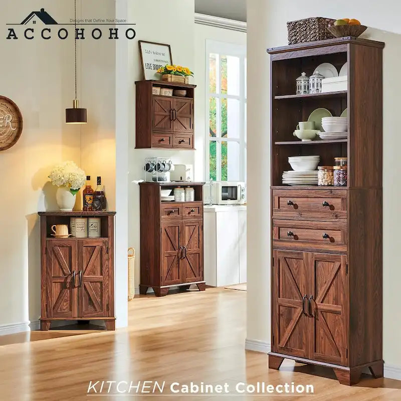72 Inch Farmhouse Bathroom Storage Cabinet Barn Door 2 Drawers 3 Shelves Rustic Brown White