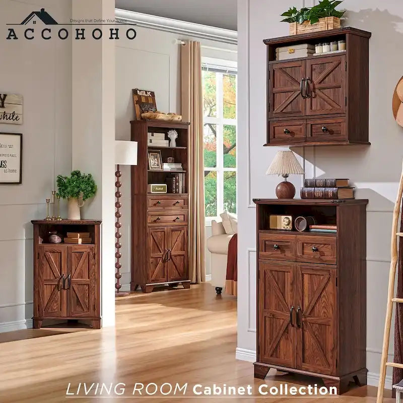 72 Inch Farmhouse Bathroom Storage Cabinet Barn Door 2 Drawers 3 Shelves Rustic Brown White