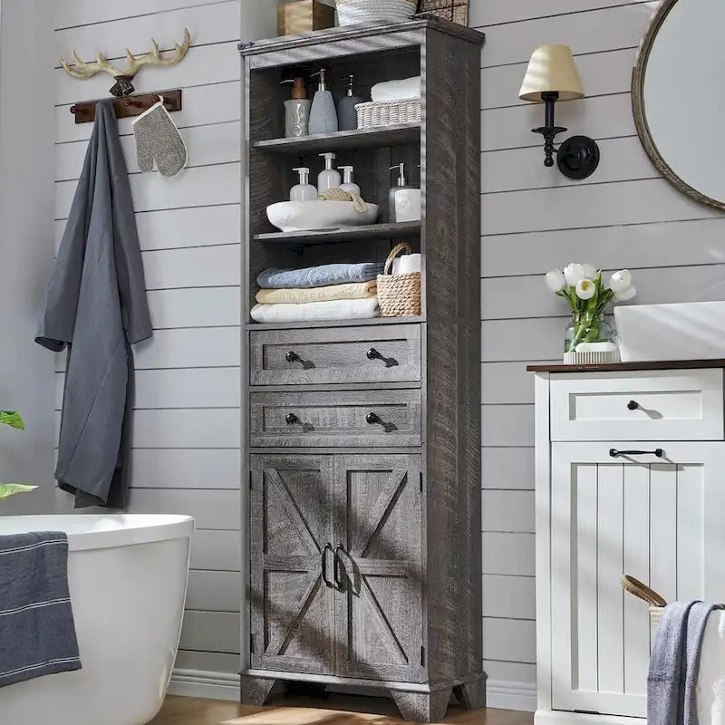 72 Inch Farmhouse Bathroom Storage Cabinet Barn Door 2 Drawers 3 Shelves Rustic Brown White