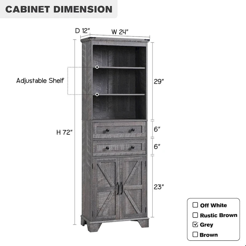 72 Inch Farmhouse Bathroom Storage Cabinet Barn Door 2 Drawers 3 Shelves Rustic Brown White