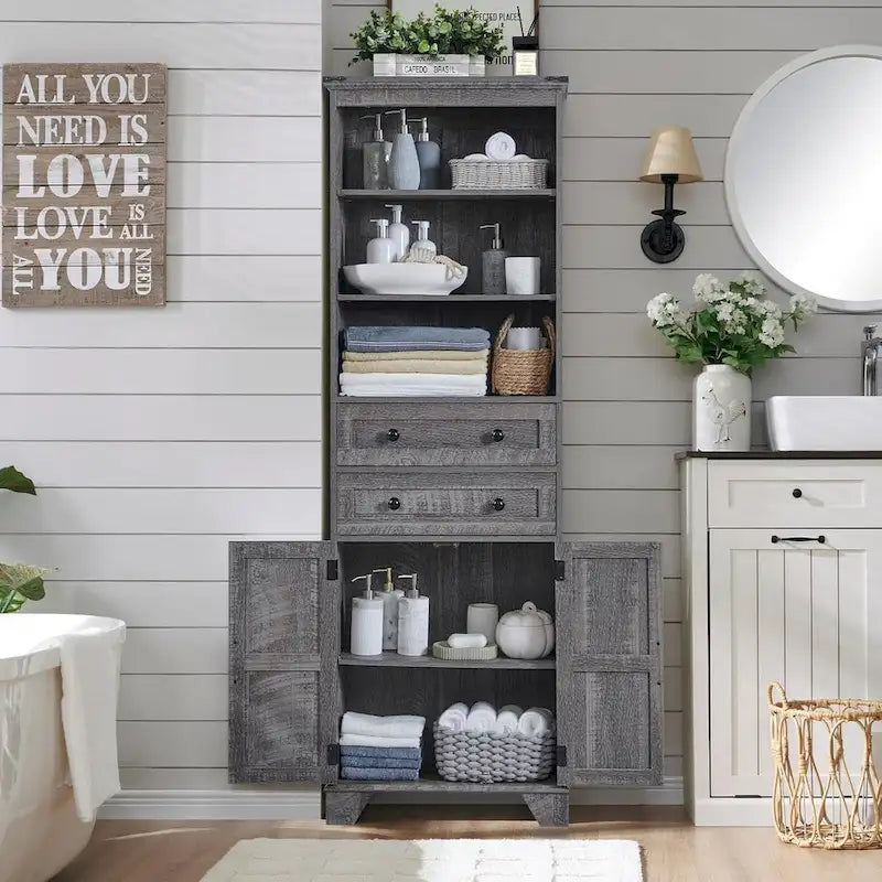 72 Inch Farmhouse Bathroom Storage Cabinet Barn Door 2 Drawers 3 Shelves Rustic Brown White