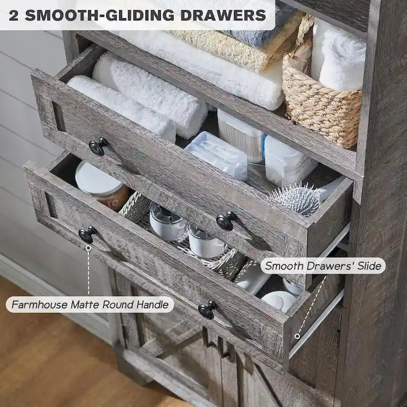 72 Inch Farmhouse Bathroom Storage Cabinet Barn Door 2 Drawers 3 Shelves Rustic Brown White