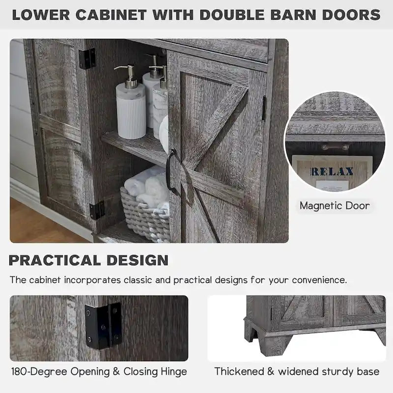 72 Inch Farmhouse Bathroom Storage Cabinet Barn Door 2 Drawers 3 Shelves Rustic Brown White