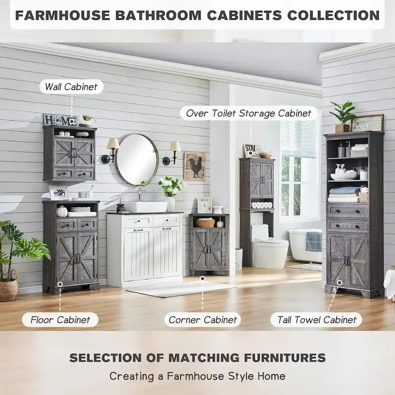 72 Inch Farmhouse Bathroom Storage Cabinet Barn Door 2 Drawers 3 Shelves Rustic Brown White