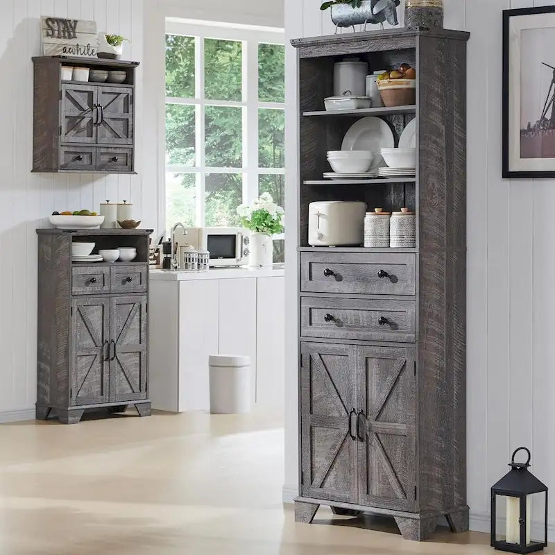 72 Inch Farmhouse Bathroom Storage Cabinet Barn Door 2 Drawers 3 Shelves Rustic Brown White