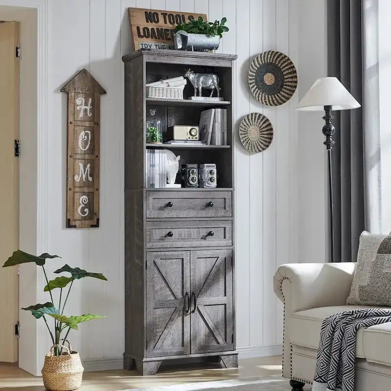 72 Inch Farmhouse Bathroom Storage Cabinet Barn Door 2 Drawers 3 Shelves Rustic Brown White