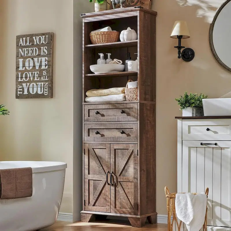 72 Inch Farmhouse Bathroom Storage Cabinet Barn Door 2 Drawers 3 Shelves Rustic Brown White