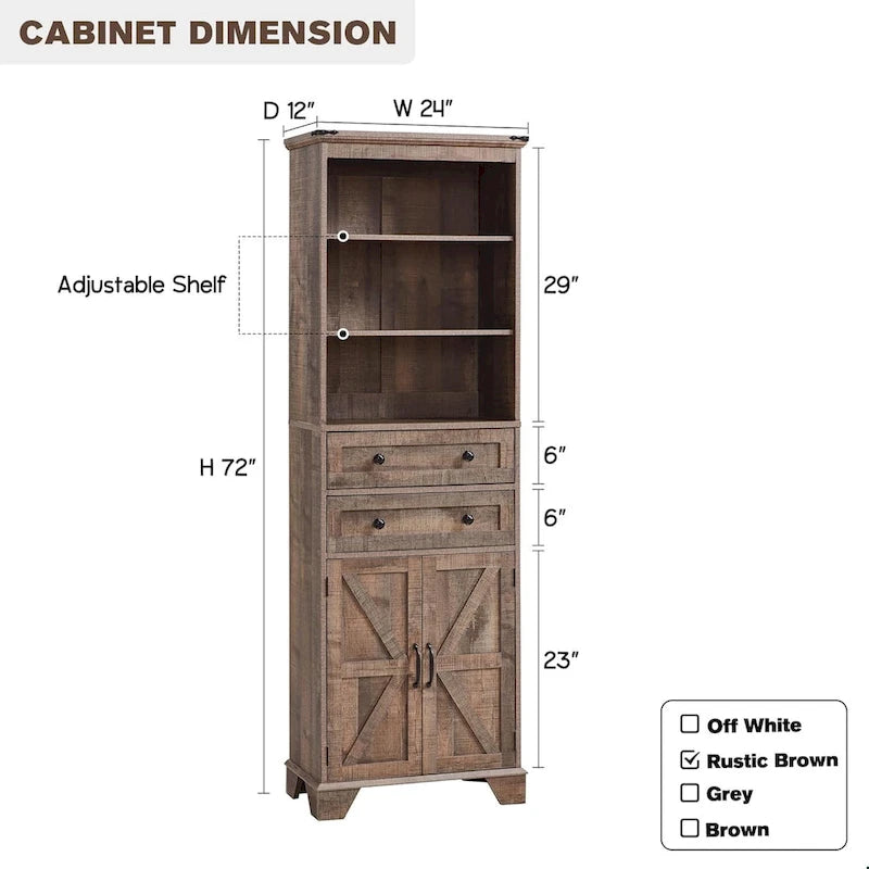 72 Inch Farmhouse Bathroom Storage Cabinet Barn Door 2 Drawers 3 Shelves Rustic Brown White