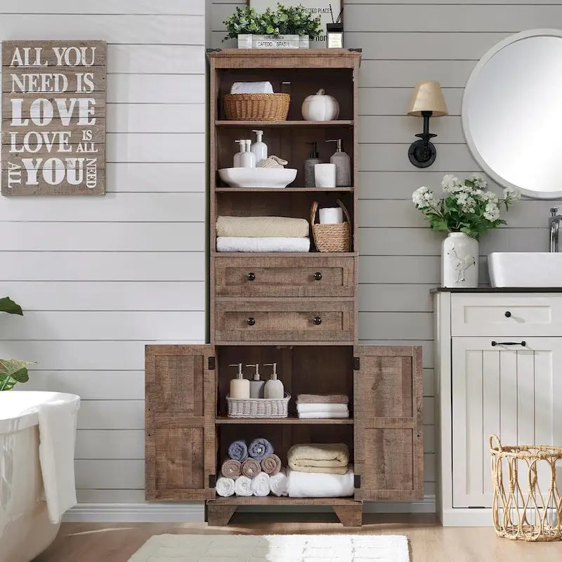 72 Inch Farmhouse Bathroom Storage Cabinet Barn Door 2 Drawers 3 Shelves Rustic Brown White