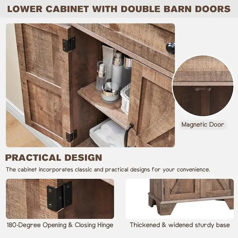 72 Inch Farmhouse Bathroom Storage Cabinet Barn Door 2 Drawers 3 Shelves Rustic Brown White