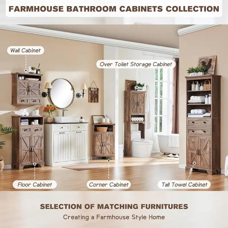 72 Inch Farmhouse Bathroom Storage Cabinet Barn Door 2 Drawers 3 Shelves Rustic Brown White