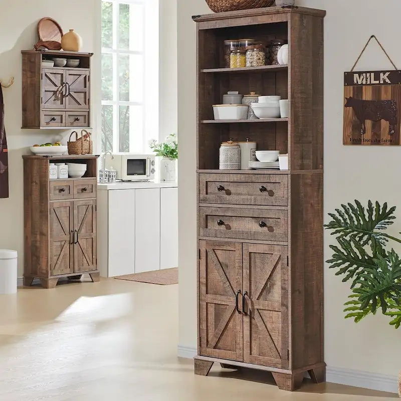 72 Inch Farmhouse Bathroom Storage Cabinet Barn Door 2 Drawers 3 Shelves Rustic Brown White
