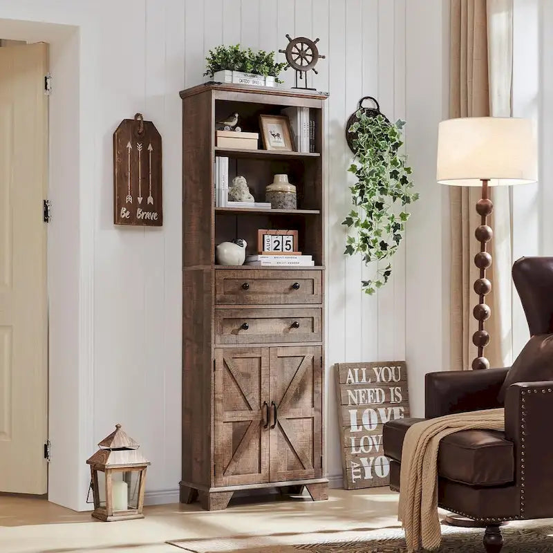 72 Inch Farmhouse Bathroom Storage Cabinet Barn Door 2 Drawers 3 Shelves Rustic Brown White
