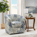 Coastal Swivel Accent Chair Barrel Back Coral Seashell Print Ocean Blue Green Navy