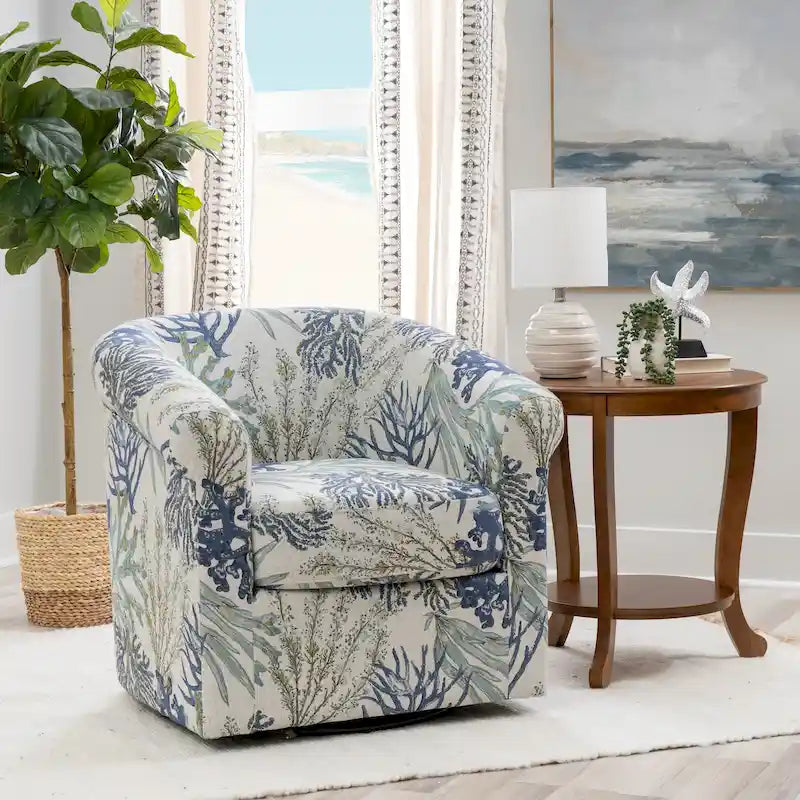 Coastal Swivel Accent Chair Barrel Back Coral Seashell Print Ocean Blue Green Navy