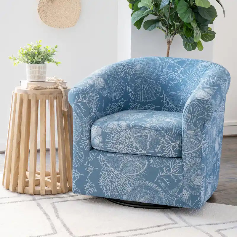 Coastal Swivel Accent Chair Barrel Back Coral Seashell Print Ocean Blue Green Navy