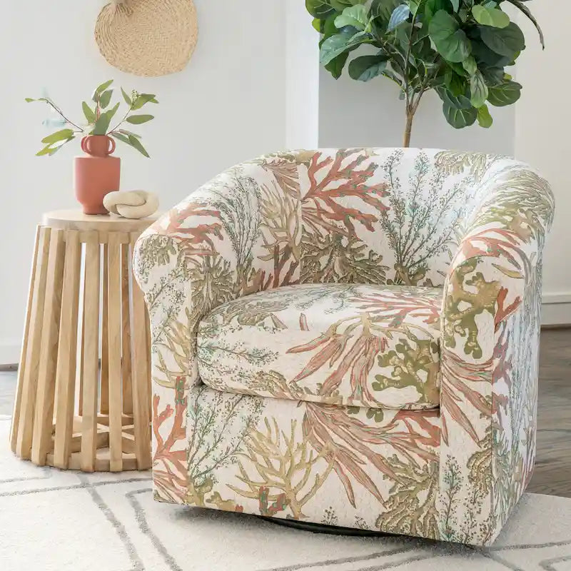 Coastal Swivel Accent Chair Barrel Back Coral Seashell Print Ocean Blue Green Navy