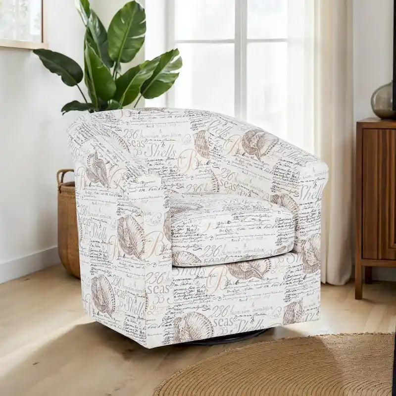 Coastal Swivel Accent Chair Barrel Back Coral Seashell Print Ocean Blue Green Navy
