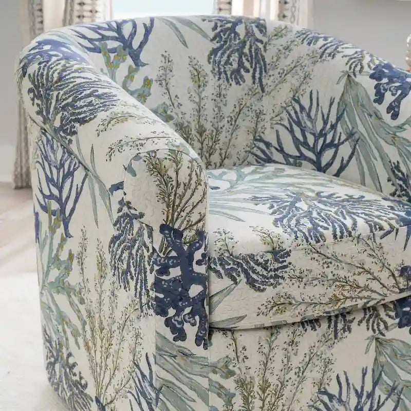 Coastal Swivel Accent Chair Barrel Back Coral Seashell Print Ocean Blue Green Navy