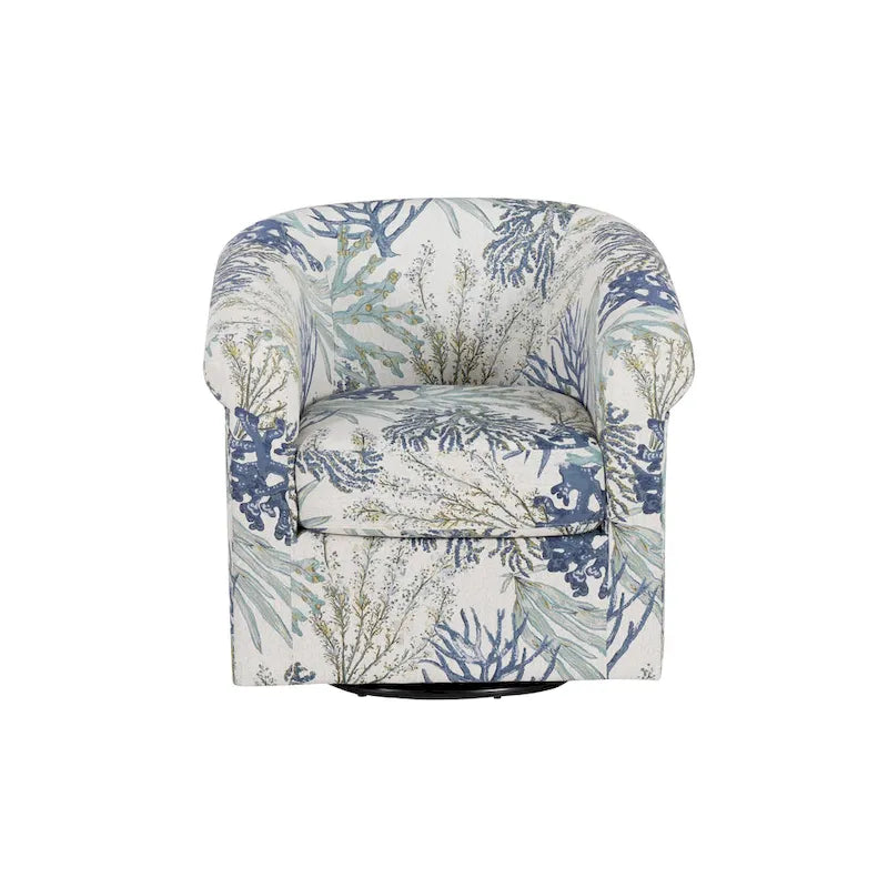 Coastal Swivel Accent Chair Barrel Back Coral Seashell Print Ocean Blue Green Navy