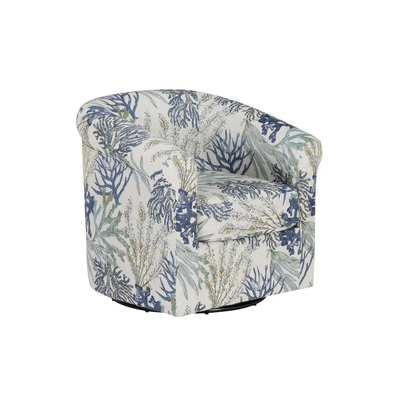 Coastal Swivel Accent Chair Barrel Back Coral Seashell Print Ocean Blue Green Navy