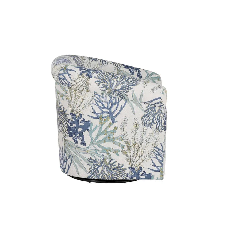 Coastal Swivel Accent Chair Barrel Back Coral Seashell Print Ocean Blue Green Navy