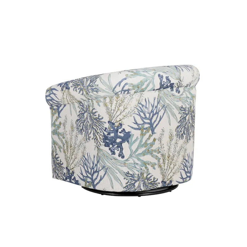 Coastal Swivel Accent Chair Barrel Back Coral Seashell Print Ocean Blue Green Navy