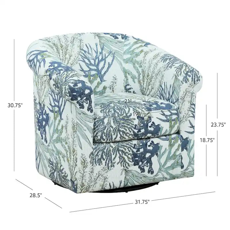 Coastal Swivel Accent Chair Barrel Back Coral Seashell Print Ocean Blue Green Navy