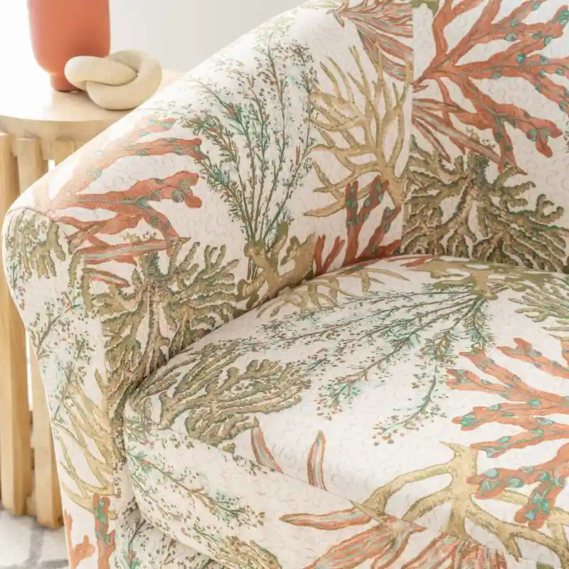 Coastal Swivel Accent Chair Barrel Back Coral Seashell Print Ocean Blue Green Navy