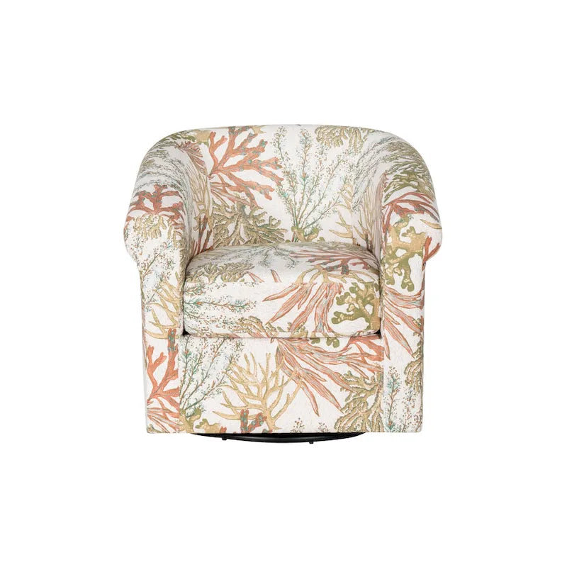 Coastal Swivel Accent Chair Barrel Back Coral Seashell Print Ocean Blue Green Navy