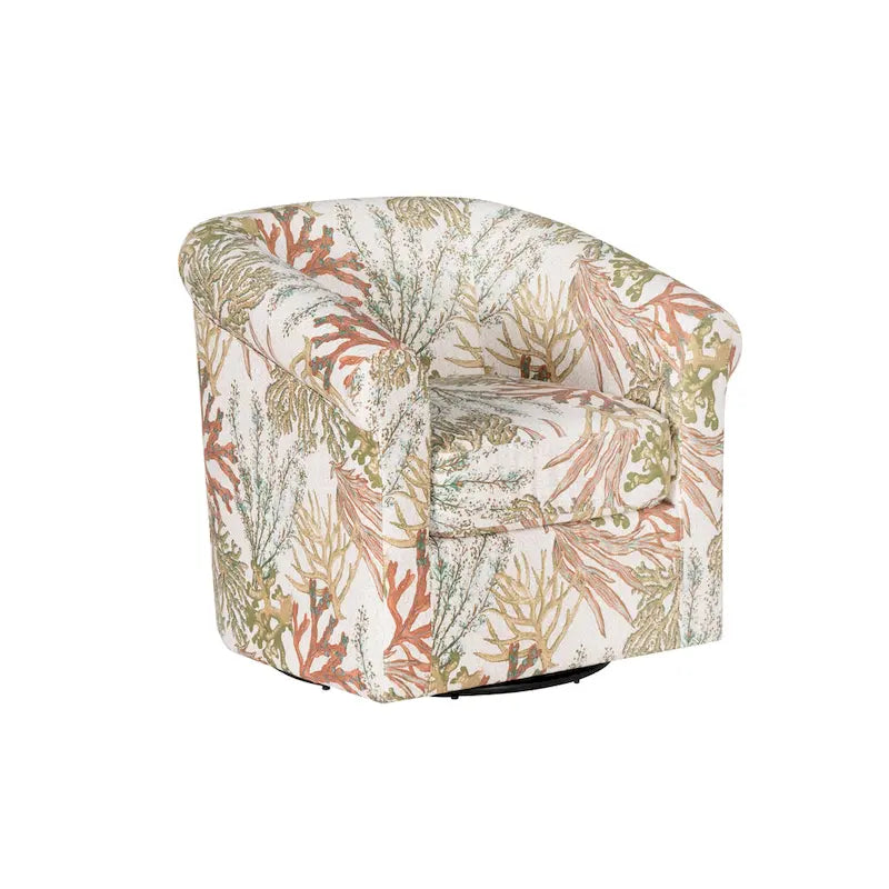 Coastal Swivel Accent Chair Barrel Back Coral Seashell Print Ocean Blue Green Navy